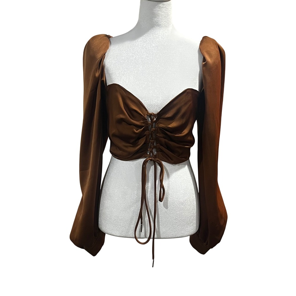 Mable Corset Crop Top Womens Small Brown Lace Up Puff Sleeve Satin Chic Sexy